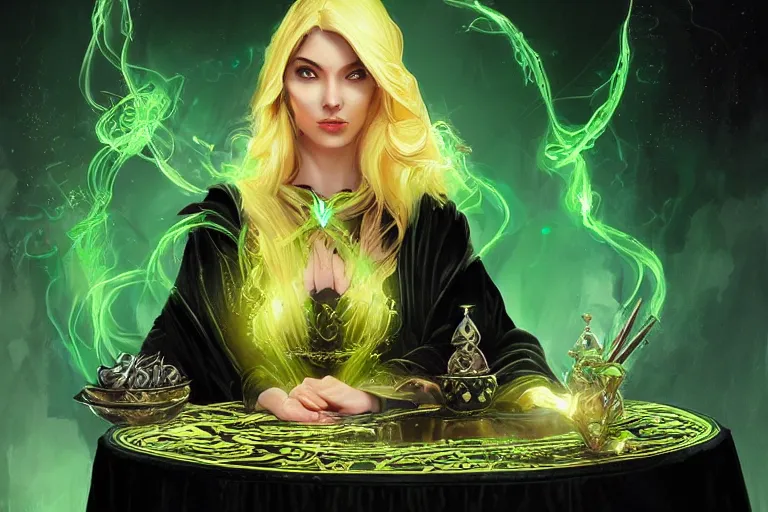 Image similar to a beautiful sorceress wearing a black robe with gold embroidery, sitting at table, casting a spell, green glows, painted by sharandula and artgerm, in the style of magic the gathering, highly detailed digital art