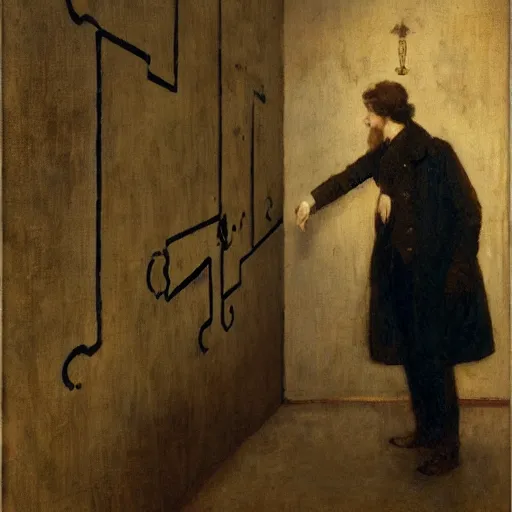 Image similar to a man and a woman solving an escape room puzzle, mysterious markings on the wall, by alfred stevens