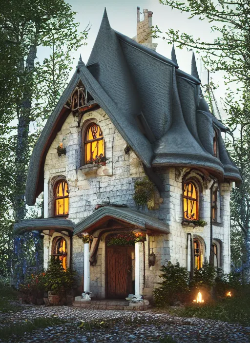 Image similar to hyper realistic homely ornate witch cottage architectural, in the woods gorgeous lighting, blue sky, highly detailed, lush forest architectural render, octane render, ue 5 raytraced