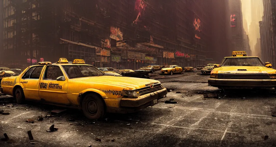 Image similar to A beautiful hyper realistic ultra detailed lifelike matte painting of close-up of a scruffy Timber Wolf standing in the middle of a New York City street at night, abandoned post-apocalyptic New York City with abandoned cars and yellow taxis on fire and crumbling buildings, unreal engine, deviantart, flickr, artstation, octane render, textured, colorful, extreme realistic detail, physically based rendering, pbr render, very detailed, volumetric lighting, detailed lighting, octane render, 4k, cinematic lighting, 8k resolution