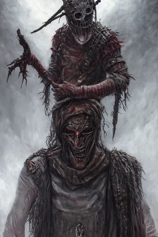 Image similar to a full body high detail fantasy portrait oil painting illustration of slipknot band bloodborne by justin sweet with face and body clearly visible, in a scenic background, insane, realistic proportions, d & d, rpg, forgotten realms, artstation trending, high quality, sombre mood, artstation trending, muted colours, entire person visible!