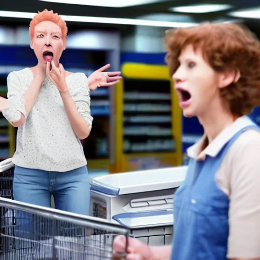 Prompt: alien Karen yelling at the cashier at an interstellar walmart, hyperrealistic 8K HD,