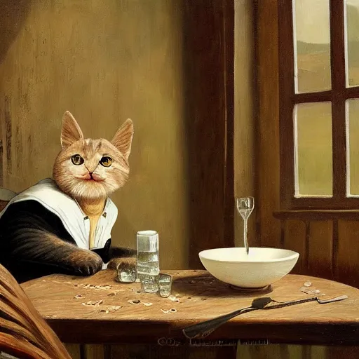 Image similar to cat drinking milk from a porcelain plate, in game pathologic 2, by jacek yerka, by levitan, oil on canvas, acrylic, digital art, royal academy, masterpiece, trending on artstation, cinematic composition, sharp, details, hyper - detailed, hd