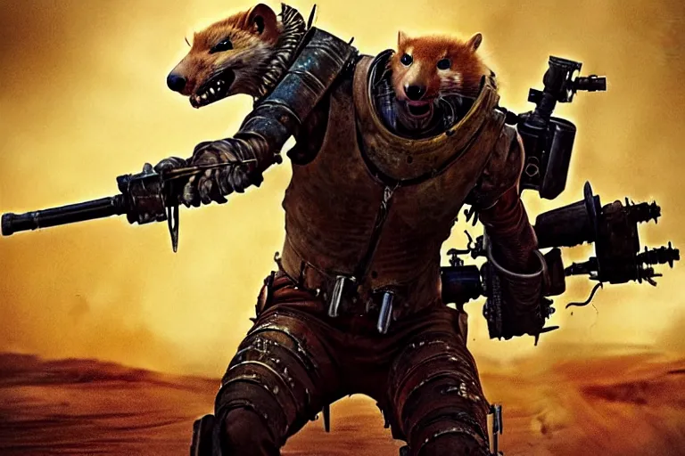 Image similar to a good ol'weasel fursona ( from the furry fandom ), heavily armed and armored facing down armageddon in a dark and gritty version from the makers of mad max : fury road. witness me.