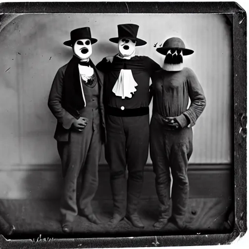 Prompt: men in vintage Halloween costumes, photo taken on an old box camera, black and white, film grain, 1920s, Daguerreotype, old photo, detailed, grotesque