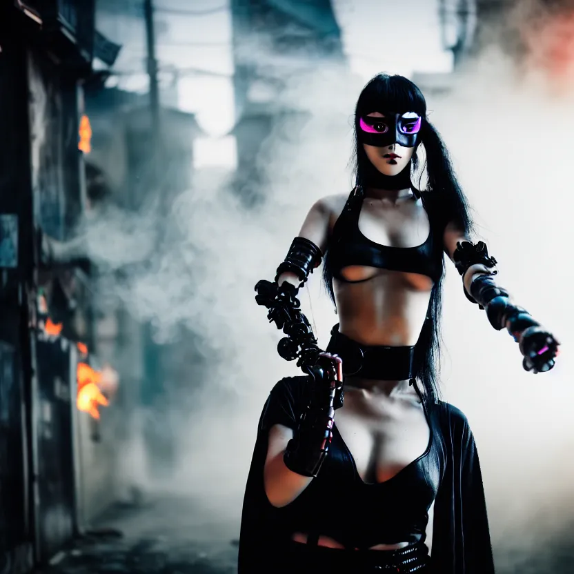 Image similar to a photo close up cyberpunk woman, wearing ninja mask, fire dance in cyberpunk dirty alley, smoke mist rain, cyberpunk gunma prefecture, midnight, photorealistic, cinematic color, studio lighting, highly detailed, bokeh, style by tomino - sama