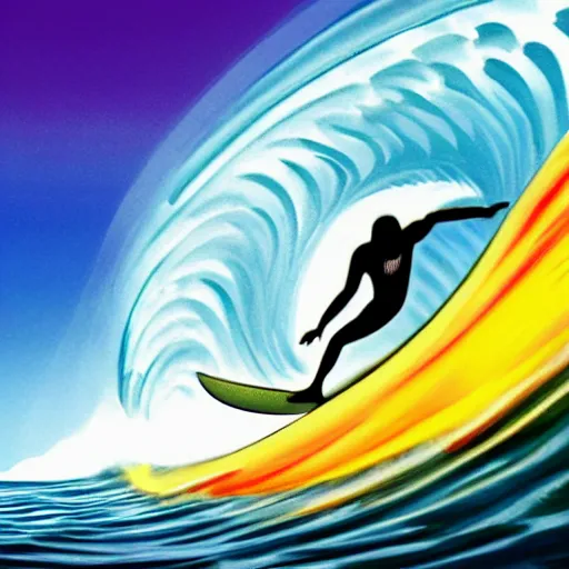 Image similar to surfer surfing into a tubular ocean wave that is a portal to a cyber dimension