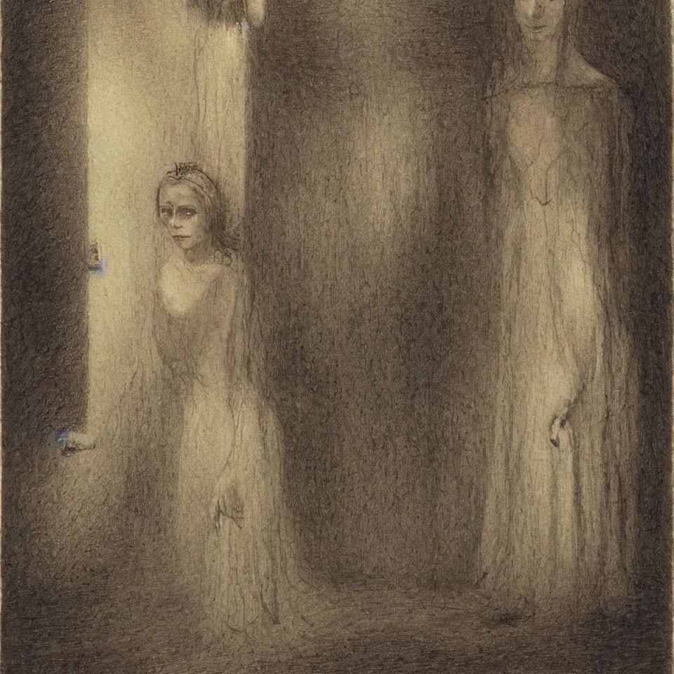 Prompt: beautiful portrait of The princess of The Cold by Alfred Kubin, environment and concept art, iridescent, flickering light, extremely detailed