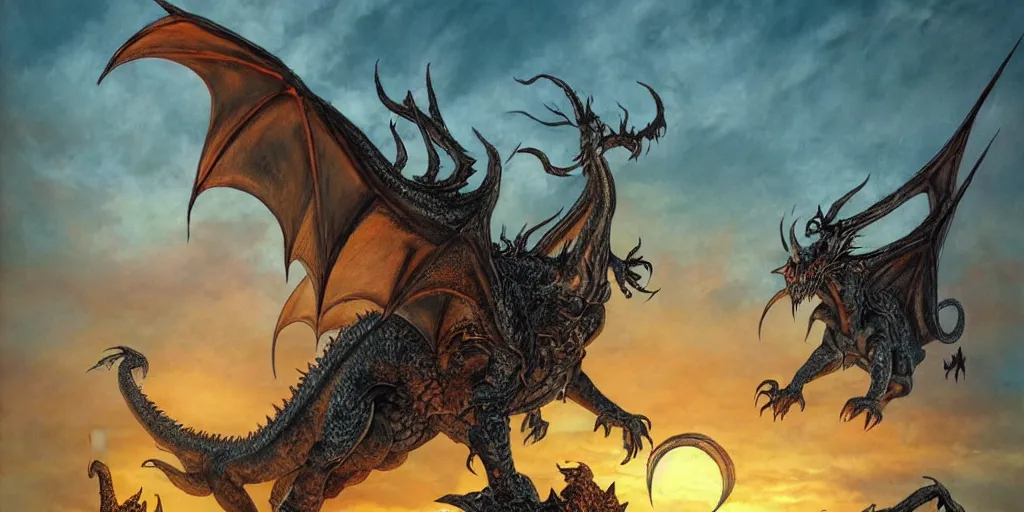 Prompt: a terrifyingly huge dragon with multiple horns, spikes running down its back, and a long tail sweeps across the sky, blotting out the sun. underneath, a lone figure stands defiantly, weapon drawn, preparing to face the creature. by michael whelan.