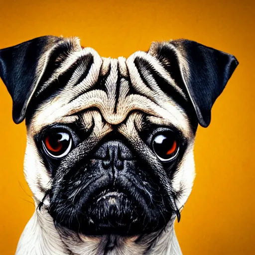 Prompt: portrait of a pug with an emo haircut with bangs, studio photo, album cover, well lit,