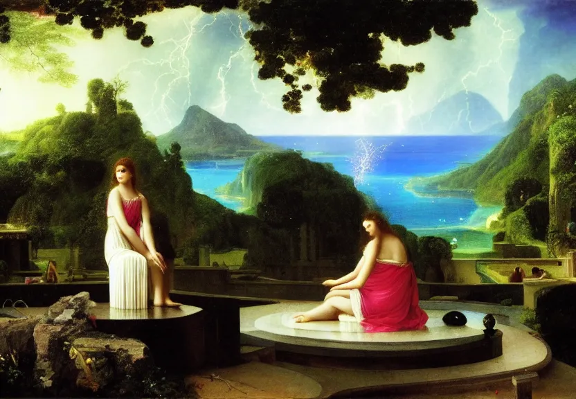 Image similar to Girl playing the palace piano, refracted sparkles, thunderstorm, greek pool, beach and Tropical vegetation on the background major arcana sky, by paul delaroche, hyperrealistic 4k uhd, award-winning, very very very detailed