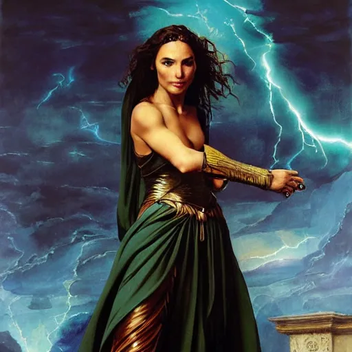 Image similar to Full body oil painting of the beautiful woman Gal Gadot, she is wearing some withe ancient roman cloths and a surreal ornate, her hair is natural disheveled, she is approaching heaven, people are claiming for her, she is attracting lightnings, naturalism, dramatic lighting, high-detailed oil painting by Ilya Repin, Michelangelo da Caravaggio, William Blake, Alex Grey and Beksinski, trending on Artsatio, hystorical painting, masterpiece, 4k, 8k,