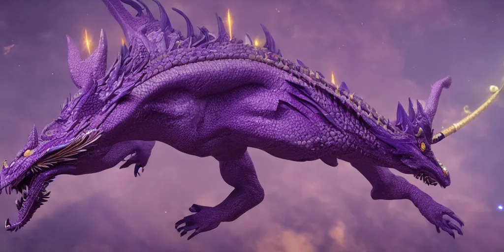 Prompt: highly detailed a purple dragon wearing a crown flies through space, 4 k, photorealistic, unreal 5