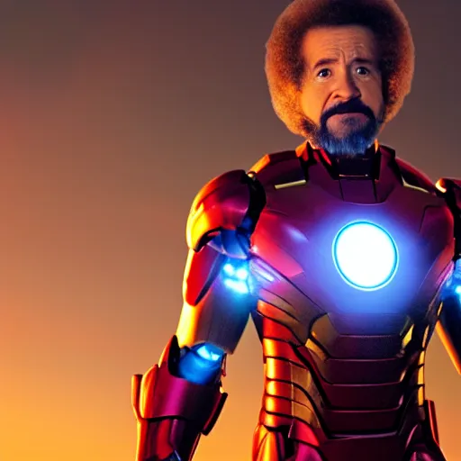 Image similar to a still of Bob Ross as Ironman. Magic Hour. Professional photography, 4K. Mood