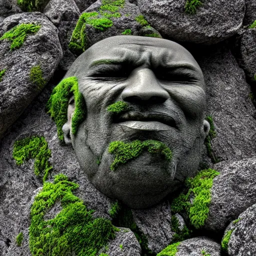 Image similar to a grey mossy rock with the face of dwayne johnson, shot on iphone 1