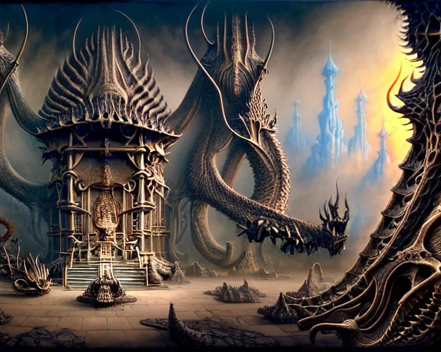 Image similar to street view of a temple made of dragon skulls and bones, fantasy landscape made of fractals facing each other, ultra realistic, wide angle, intricate details, the fifth element artifacts, highly detailed by peter mohrbacher, hajime sorayama, wayne barlowe, boris vallejo, aaron horkey, gaston bussiere, craig mullins