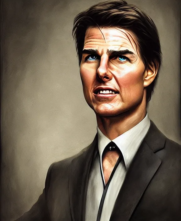 Image similar to portrait of tom cruise as a psychopathic lawyer for the church of scientology, art by denys tsiperko and bogdan rezunenko and tom bagshaw, hyperrealism