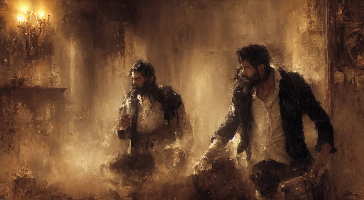 Image similar to a man with black hair and beard, wearing a black jacket, white shirt and jeans, trying to desperately escape a white, dimly lit room, highly detailed painting by gaston bussiere, craig mullins, 8 k