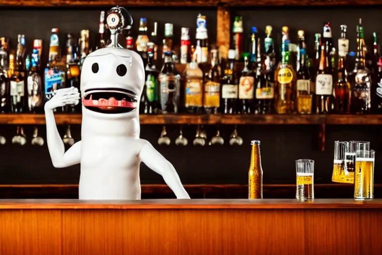 Prompt: a anthropomorphic bottle of beer stands in front of a bar yelling at the bar tender