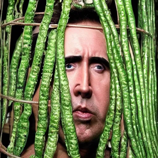 Image similar to nicolas cage trapped in a wicker cage with peas on his face, looking up, not the bees