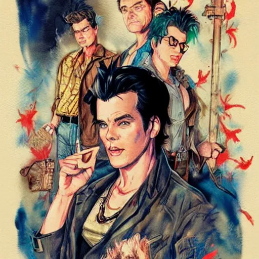 Image similar to vintage movie poster art for ace ventura by trending pixiv fanbox, watercolor, style of makoto akihiko yoshida takashi stephen bliss yoshiyuki and agnes cecile 4 k concept art