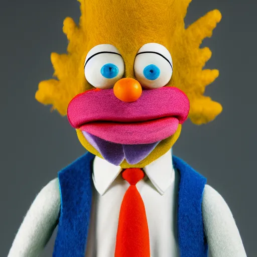 Image similar to krusty the clown as a muppet. highly detailed felt. hyper real photo. 4 k.