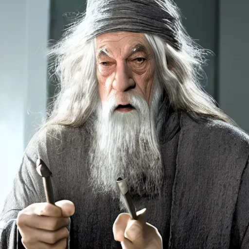 Prompt: gandalf the white as an it technician answering phone calls