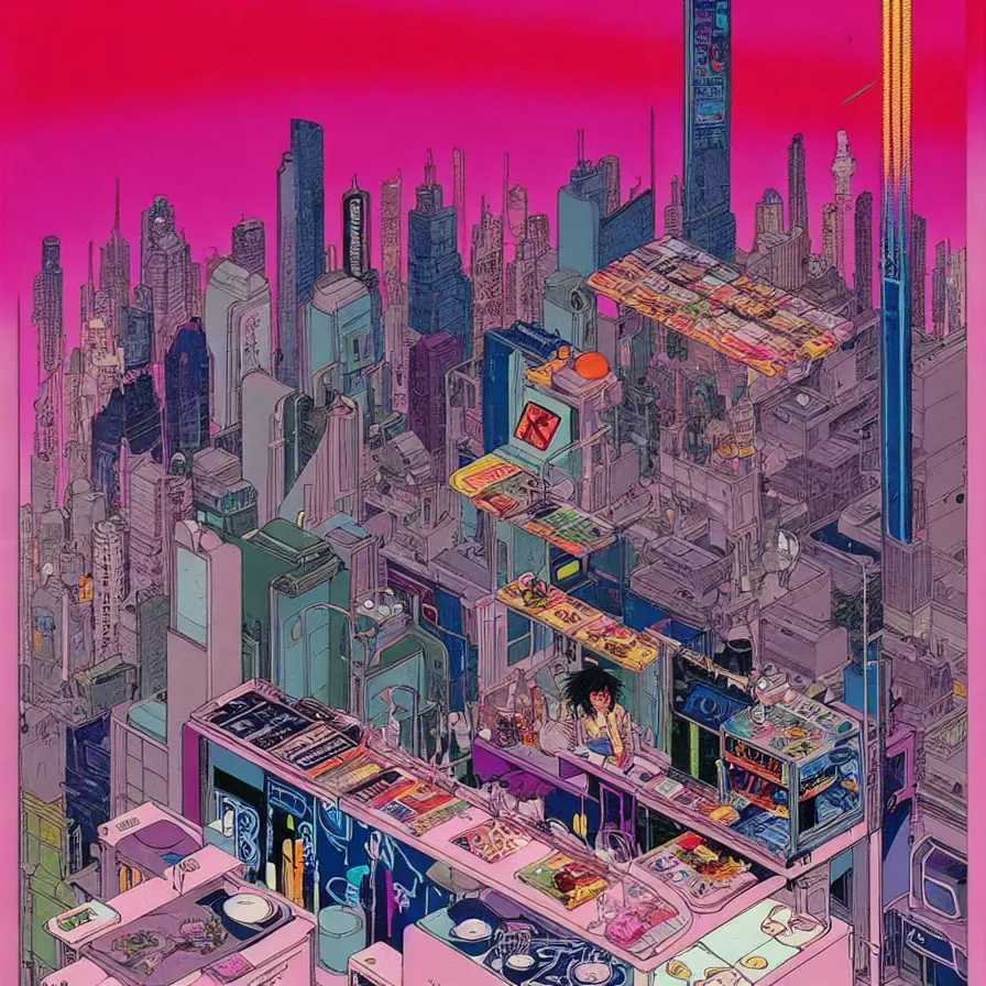 Prompt: ( ( ( ( stylish bar counter in cyberpunk city ) ) ) ) by mœbius!!!!!!!!!!!!!!!!!!!!!!!!!!!, overdetailed art, colorful, artistic record jacket design