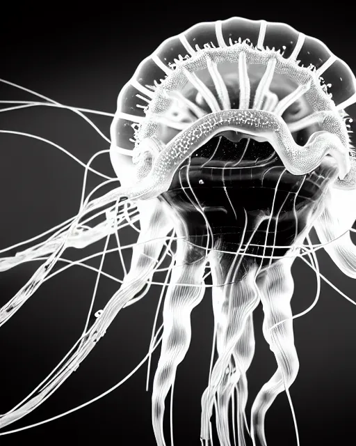 Image similar to black and white cyborg-jellyfish goddess high quality photo, microchip, artificial intelligence, bio-mechanical bio-luminescence, black wired cables, neurons, nerve cells, octane render, cinematic, rim light, hyper realism, photo-realistic, high detail, 8k, masterpiece, high fashion, in the style of Steven Meisel and Dora Maar and H.G. Giger