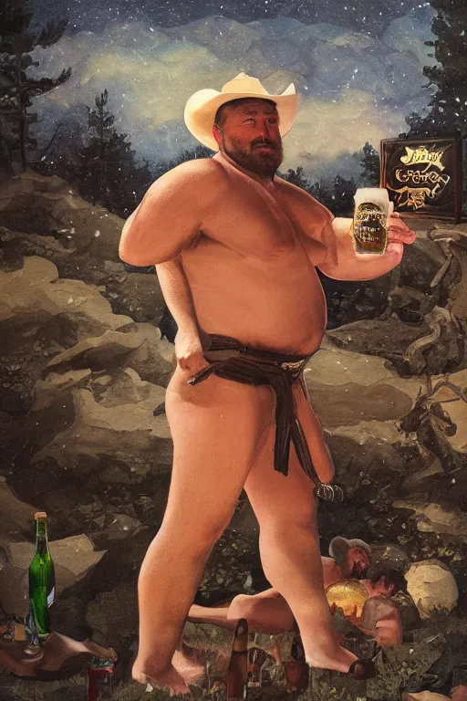 Prompt: a dramatic, epic, ethereal painting of a handsome mischievous thicc shirtless cowboy with a beer belly wearing a large belt and offering food and whiskey | background is a late night campfire | homoerotic | tarot card, art deco, art nouveau | by Mark Maggiori | trending on artstation