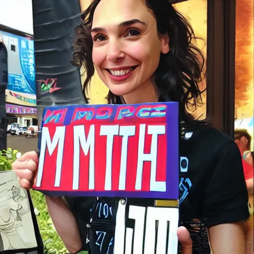 Image similar to Gal Gadot holding a sign that says M I T C H I E P O O !!!! as painted by Ralph Horsley