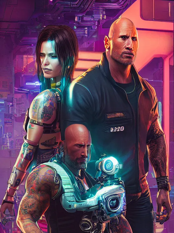 Prompt: a cyberpunk 2077 couple portrait of Dwayne Johnson and a female android,complex mess of cables and wires behind them connected to giant computer,love,film lighting,by laurie greasley,Greg Hildebrandt,Donato Giancola,William Morris,Dan Mumford,trending on atrstation,full of color,face enhance,highly detailed,8K, octane,golden ratio,cinematic lighting