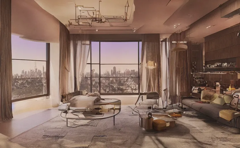 Image similar to a luxury condo interior on an alien moon by studio ghibli animated film, global illumination, beautiful composition, volumetric lighting, octane render by alena aenami, highly detailed