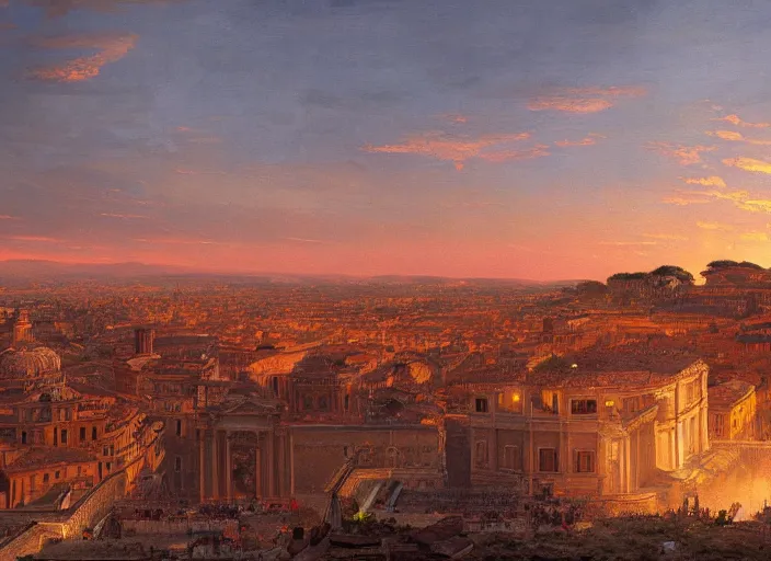 Image similar to A painting of a panoramic view of Rome at sunset, by Greg Rutkowski and James Gurney, trending on Artstation, highly detailed