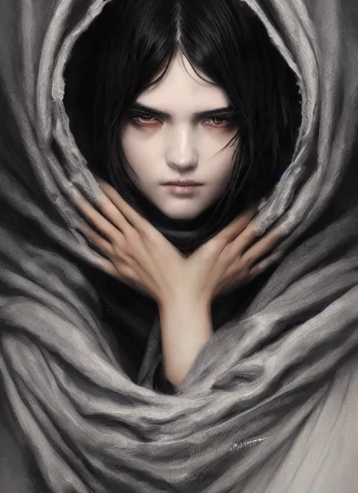 Image similar to a teenage girl with very short black hair and a huge cloak made of grey and black strips. mist swirls around her. beautiful highly detailed face. beautiful painting by artgerm and greg rutkowski and raymond swanland