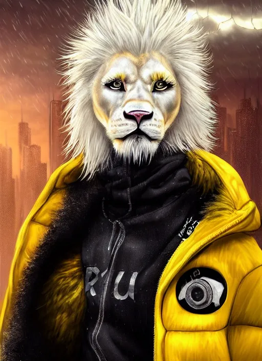 Prompt: aesthetic portrait commission of a of a male fully furry muscular anthro albino lion with a tail and a beautiful attractive hyperdetailed face wearing stylish and creative wearing yellow-black padded hooded puffer jacket outfit in a sci-fi dystopian city at golden hour while it storms in the background with bright police sirens lighting up the subject. Character design by charlie bowater, ross tran, artgerm, and makoto shinkai, detailed, inked, western comic book art, 2021 award winning film poster painting