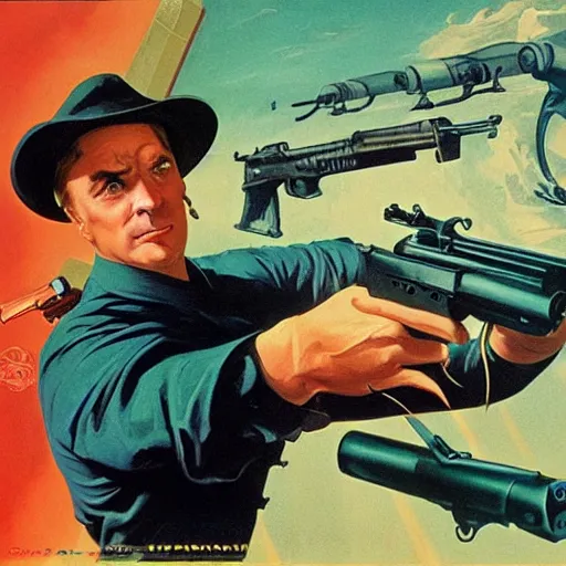 Prompt: propaganda poster of vinesauce joel pointing gun directly at camera in james bond movie, closeup of gun, visible barrel and grip by j. c. leyendecker, bosch, lisa frank, jon mcnaughton, and beksinski