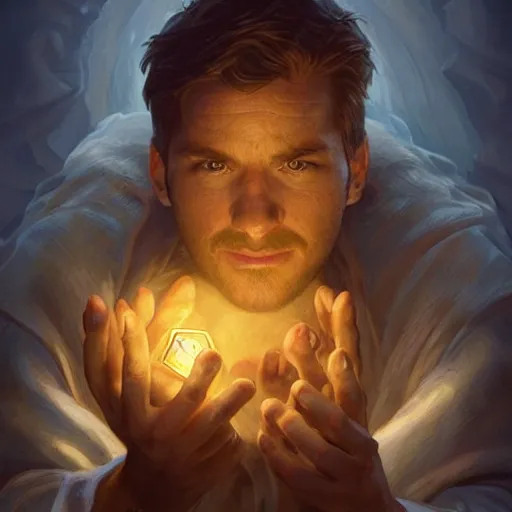 Image similar to man holding he's soul in a jar portrait, backlight, rim lighting, deep focus, d & d, fantasy, intricate, elegant, highly detailed, digital painting, artstation, concept art, matte, centered, sharp focus, illustration, hearthstone, art by artgerm, greg rutkowski and alphonse mucha