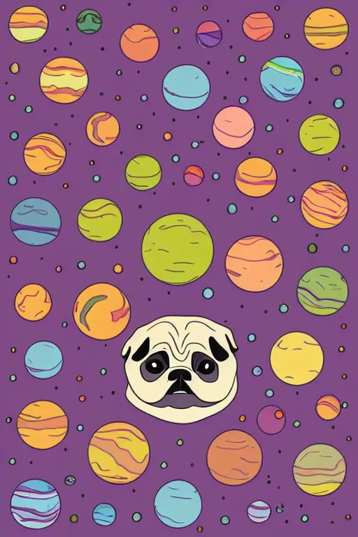 Prompt: Pug as a planet, sticker, colorful, illustration, highly detailed, simple, smooth and clean vector curves, no jagged lines, vector art, smooth