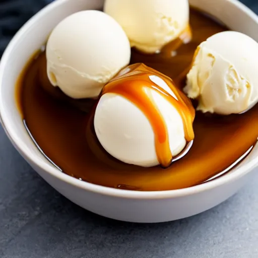 Image similar to closeup of a bowl with three balls of plain vanilla ice cream. with small amounts of caramel sauce on top. Simplistic. Food photography.