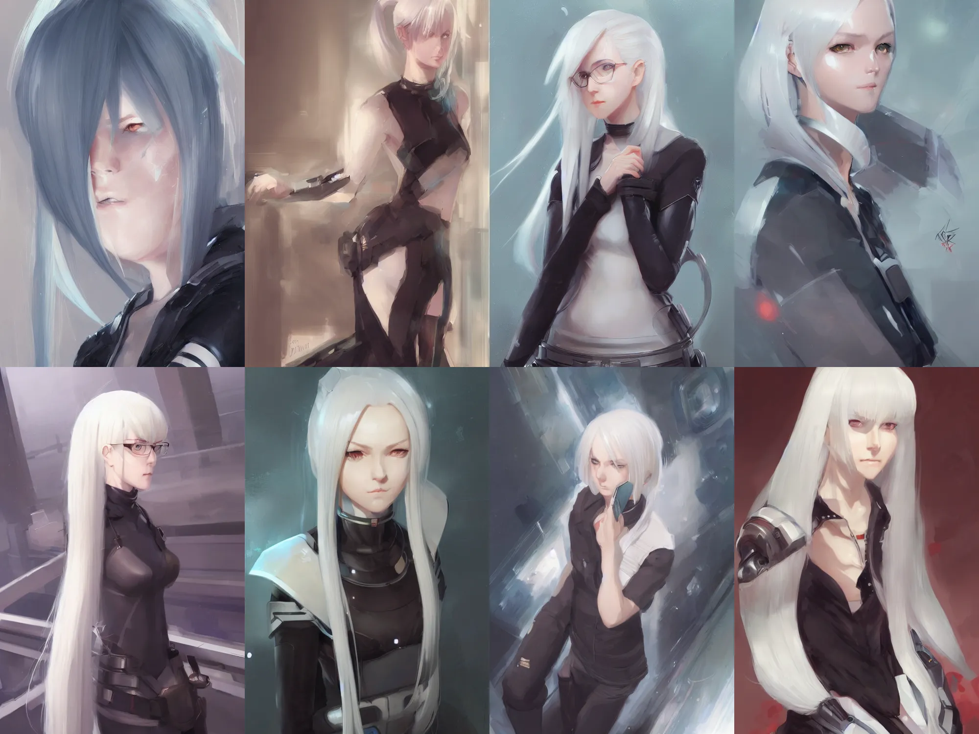 Prompt: a portrait of a android scientist girl with white hair by krenz cushart