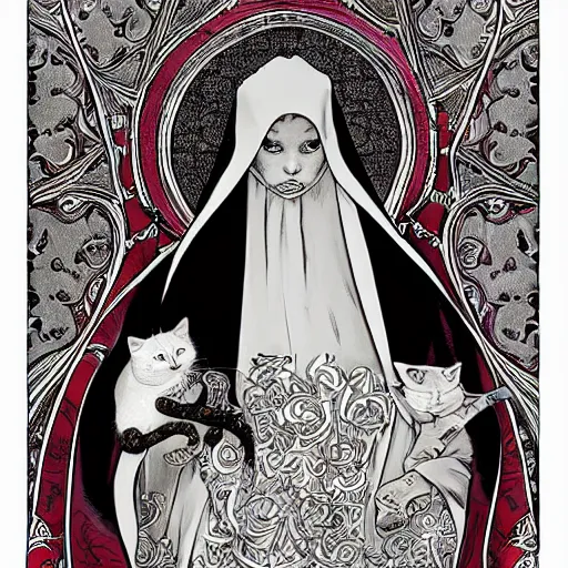 Prompt: the cat nuns of france, intricate, elegant, highly detailed, smooth, sharp focus, detailed face, high contrast, colourful, graphic novel, art by pepe larraz,