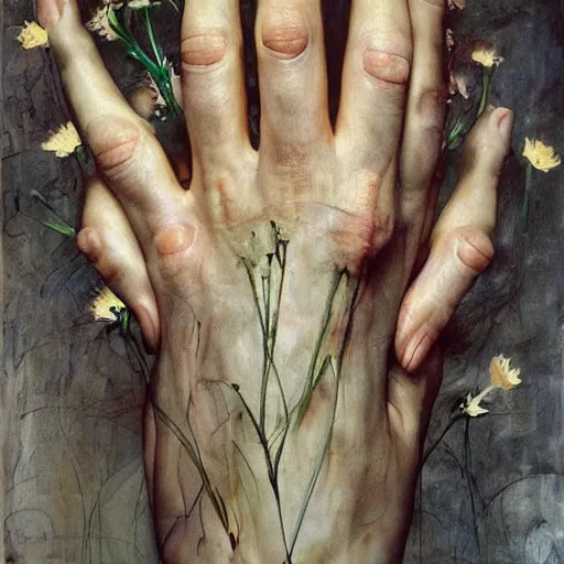 Prompt: a thousand of hands touching flowers, by Jenny saville. Dark and atmospheric