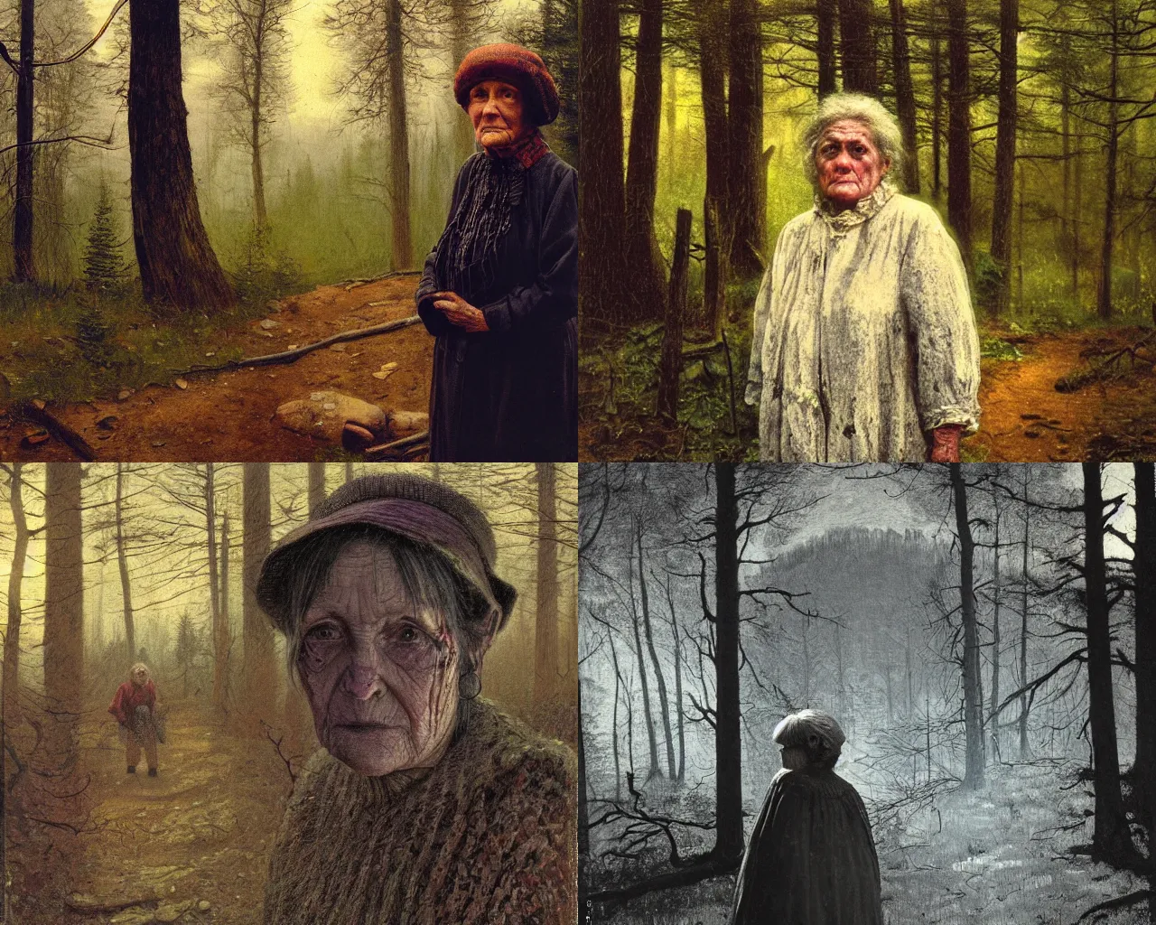 Prompt: close up portrait of an old woman with sinister face and dirty clothes standing outside of an old cabin, forest in the background, bokeh, depth of field, dramatic lighting, cinematic, vivid colors, matte painting, by Daniel Garber and John Atkinson Grimshaw