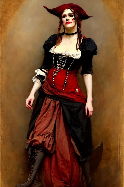 Image similar to solomon joseph solomon and richard schmid and jeremy lipking victorian genre painting full length portrait painting of a young beautiful woman traditional punk rock german french actress model pirate wench in fantasy costume, red background