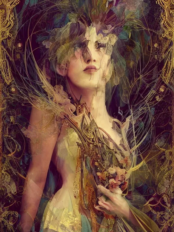 Prompt: Full view Bohemian Maiden Spirit of the woods in a beautiful dress, 4k digital illustration by Ruan Jia and Alberto Seveso, art nouveau iconography background, stunning portrait, amazing magnificent mystical illustration, award winning art, gold details, rim light, tarot card, intricate details, realistic, full view, Artstation, CGsociety