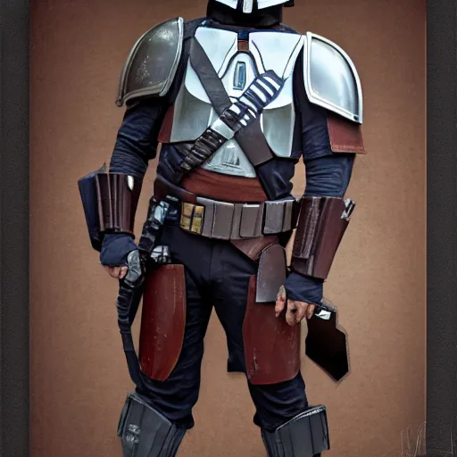 Prompt: realistic mandalorian holding a small black box