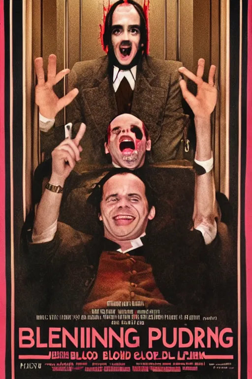 Image similar to a movie poster for the film the shining in the style of the grand budapest hotel featuring one grinning jack nicholson and blood gushing from an elevator.