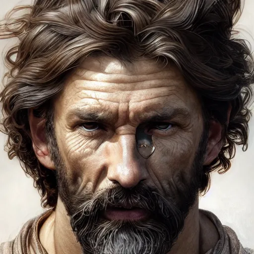 Prompt: portrait of a rugged greek god with the head of a wirehaired dachshung, salt and pepper hair, soft hair, d & d, muscular, fantasy, intricate, elegant, highly detailed, digital painting, artstation, concept art, smooth, sharp focus, illustration, art by artgerm and greg rutkowski and alphonse mucha