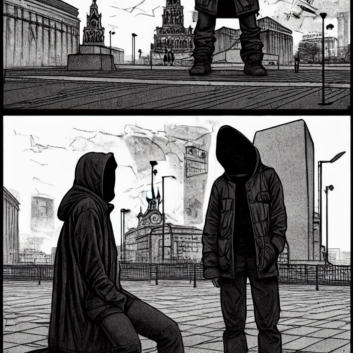 Image similar to storyboard : sadie sink in hoodie sits on bench in ruined square, pedestrians walk by, soviet monument and propaganda posters. scifi cyberpunk. by gabriel hardman. cinematic atmosphere, detailed and intricate, perfect anatomy